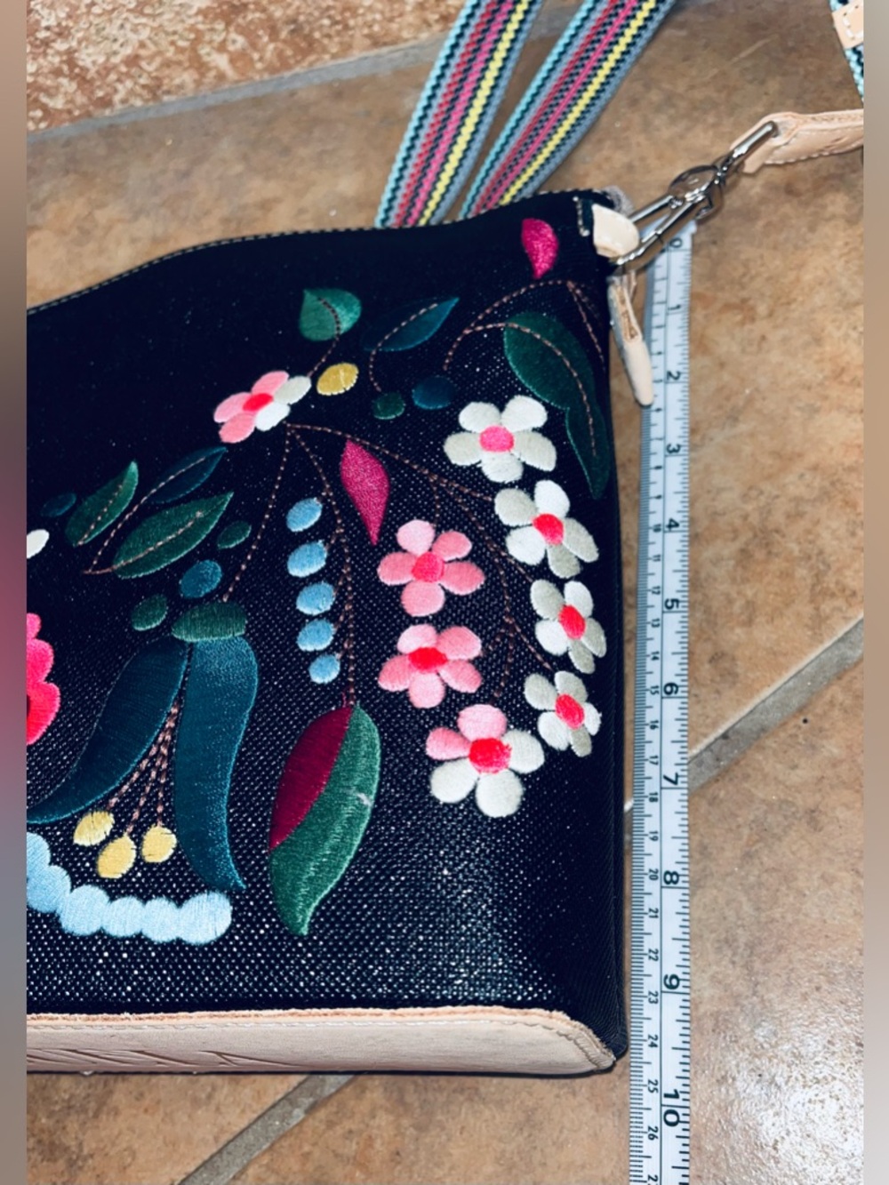 Consuela Downtown Crossbody Ava Black Floral Appliqué with Multicolor Strap NWT - Picture 7 of 7